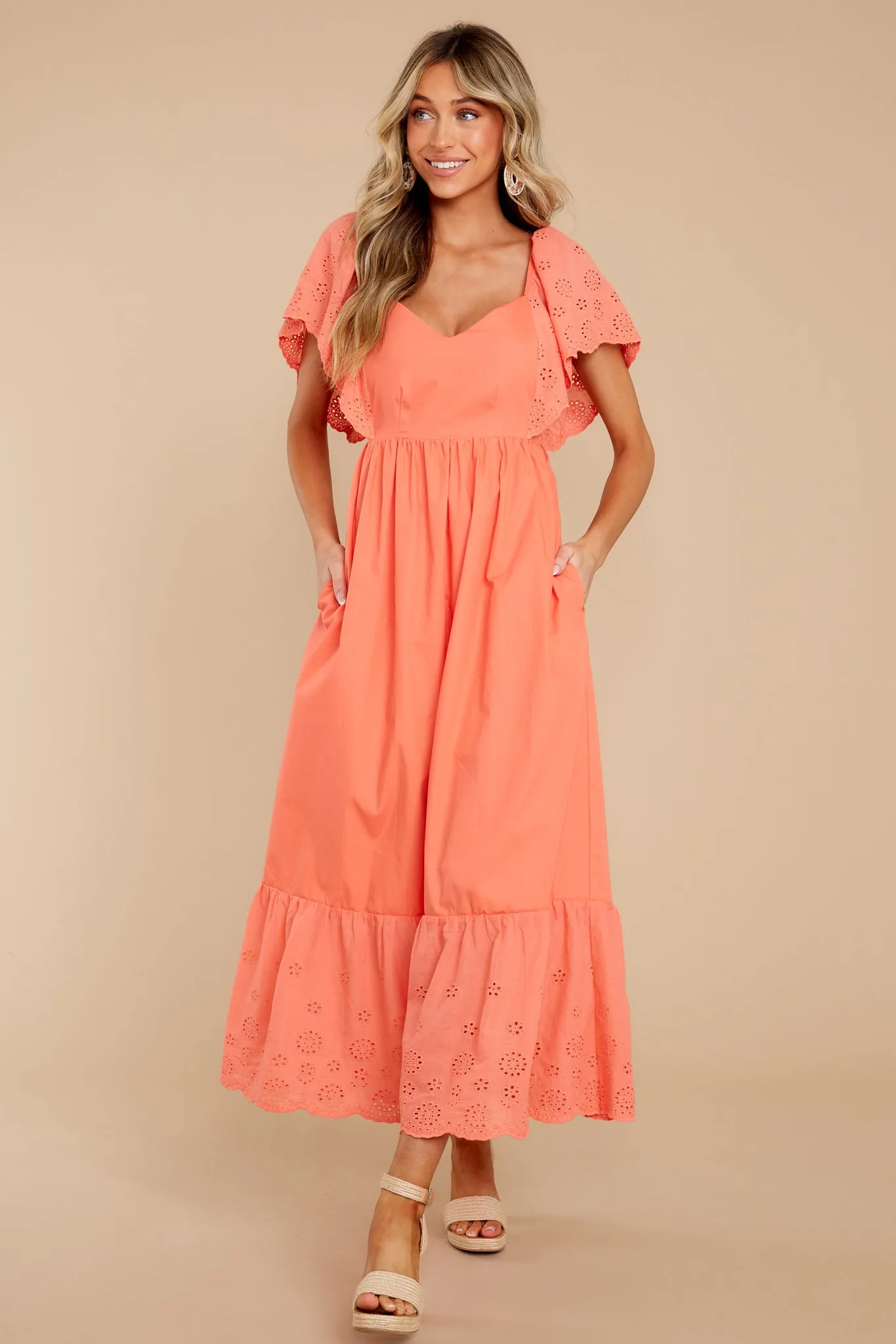 Unforgettable Moments Coral Eyelet Maxi Dress