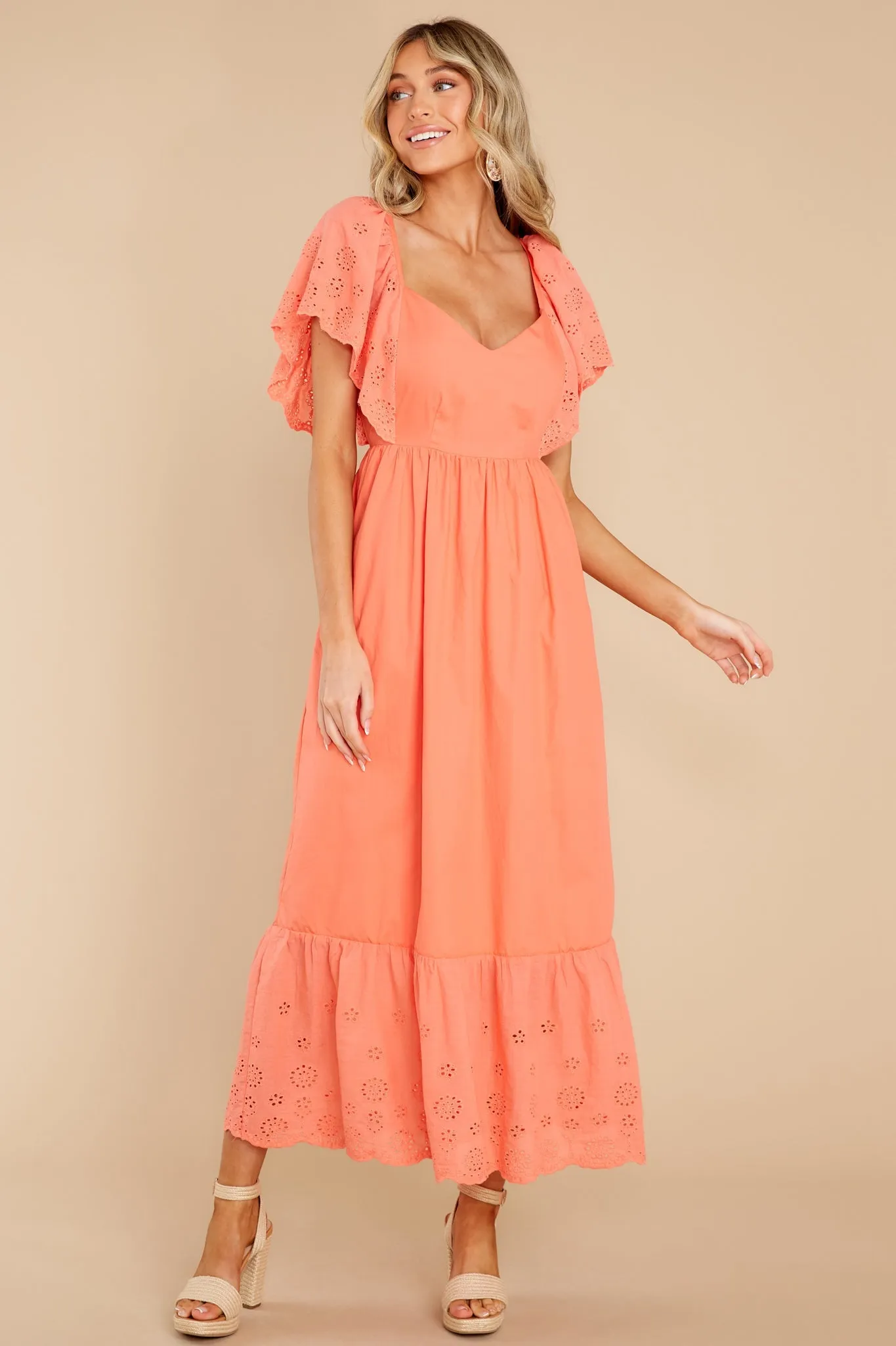 Unforgettable Moments Coral Eyelet Maxi Dress