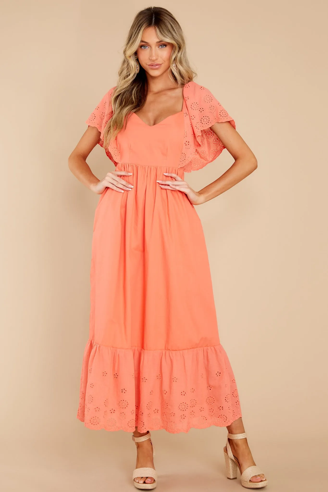 Unforgettable Moments Coral Eyelet Maxi Dress