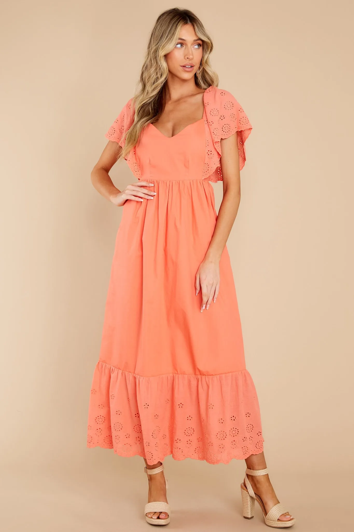 Unforgettable Moments Coral Eyelet Maxi Dress