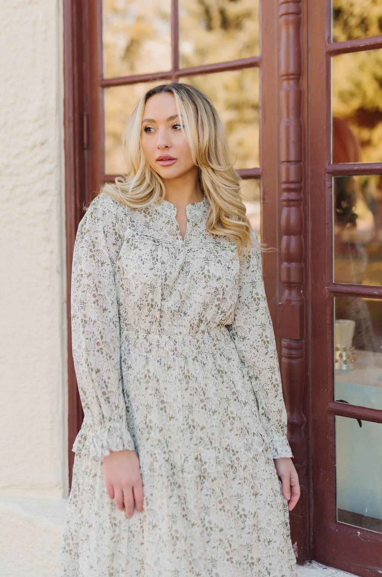 Veronica Long Sleeve Green Floral Maxi Dress