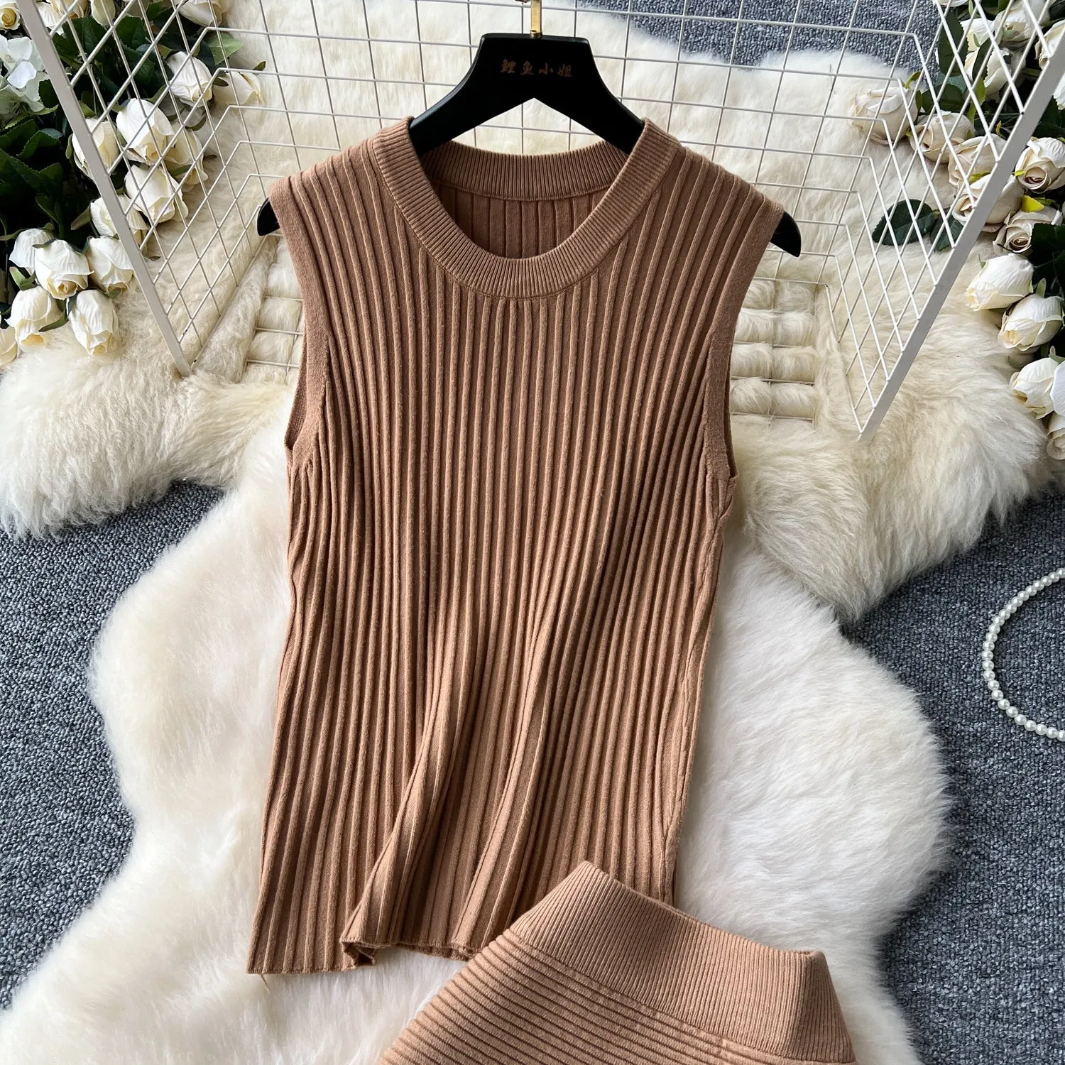 Vest&Skirt Vertical Stripe Knitted 2Pcs