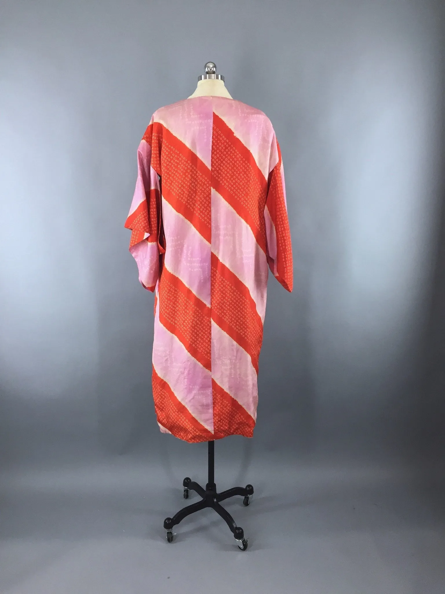 Vintage 1930s Silk Kimono Robe / Red Orchid Shibori Stripes