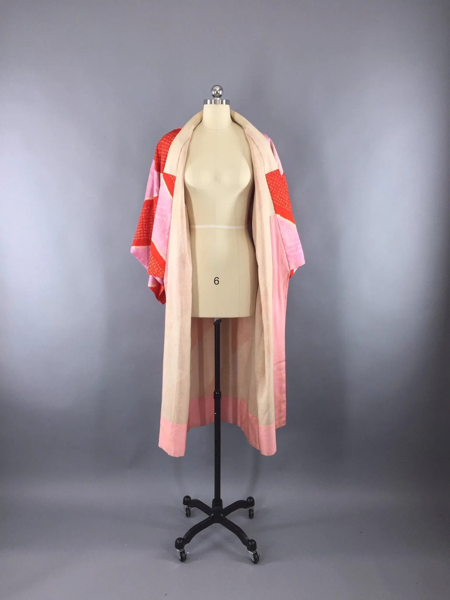 Vintage 1930s Silk Kimono Robe / Red Orchid Shibori Stripes