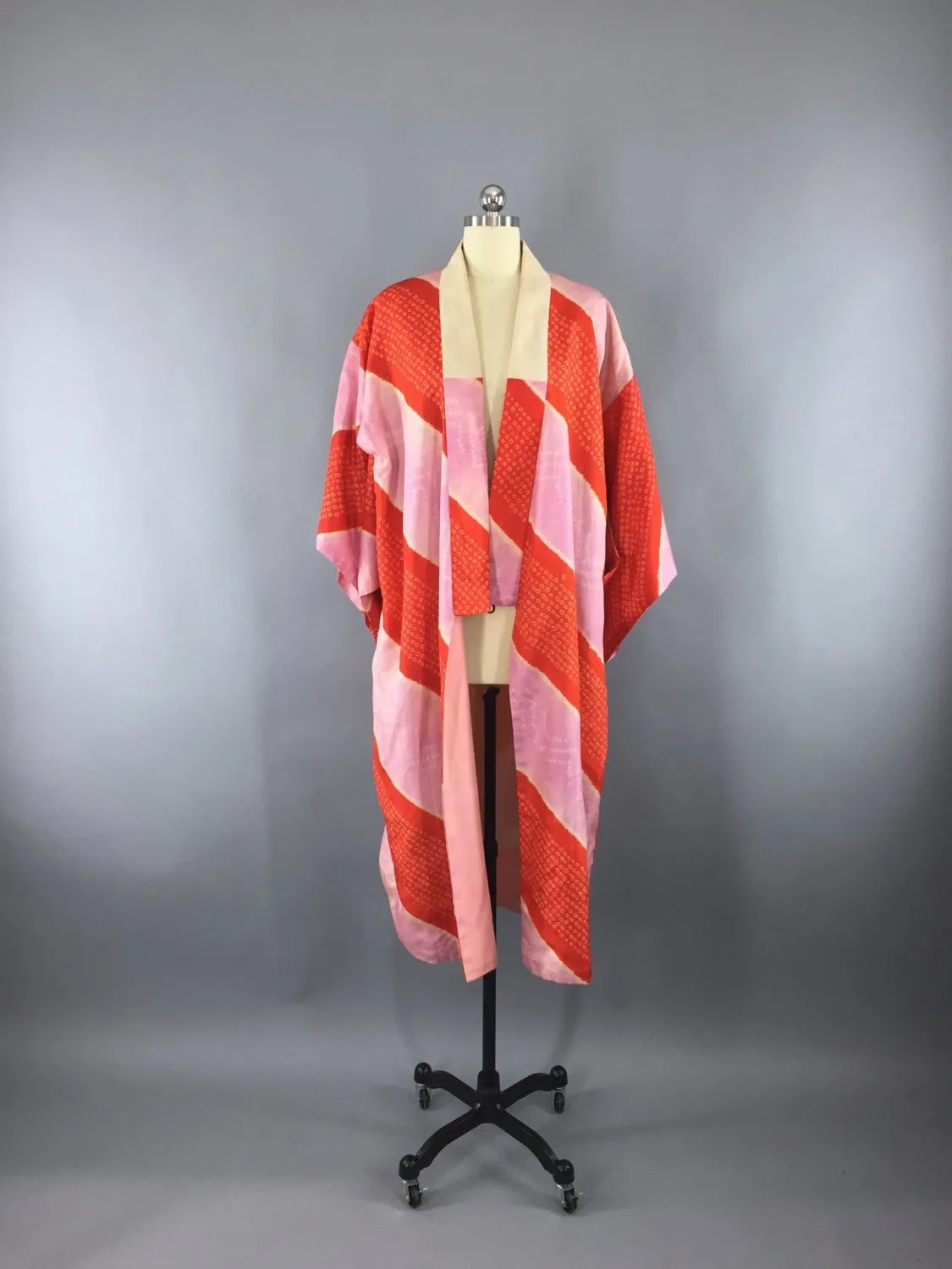 Vintage 1930s Silk Kimono Robe / Red Orchid Shibori Stripes