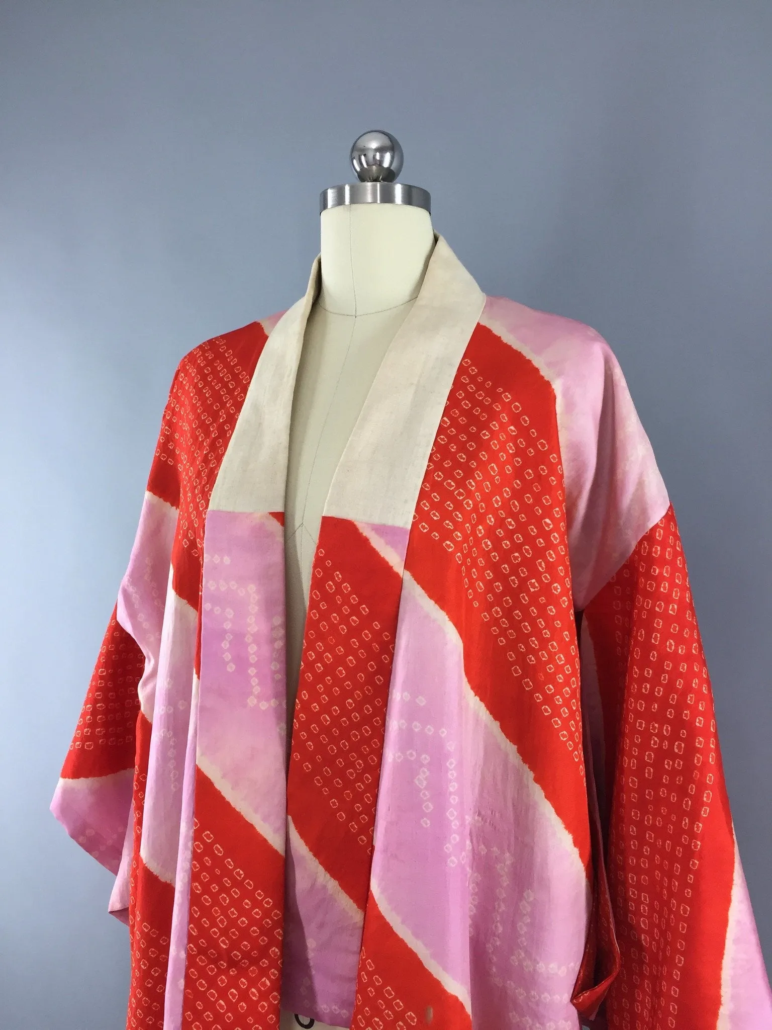 Vintage 1930s Silk Kimono Robe / Red Orchid Shibori Stripes