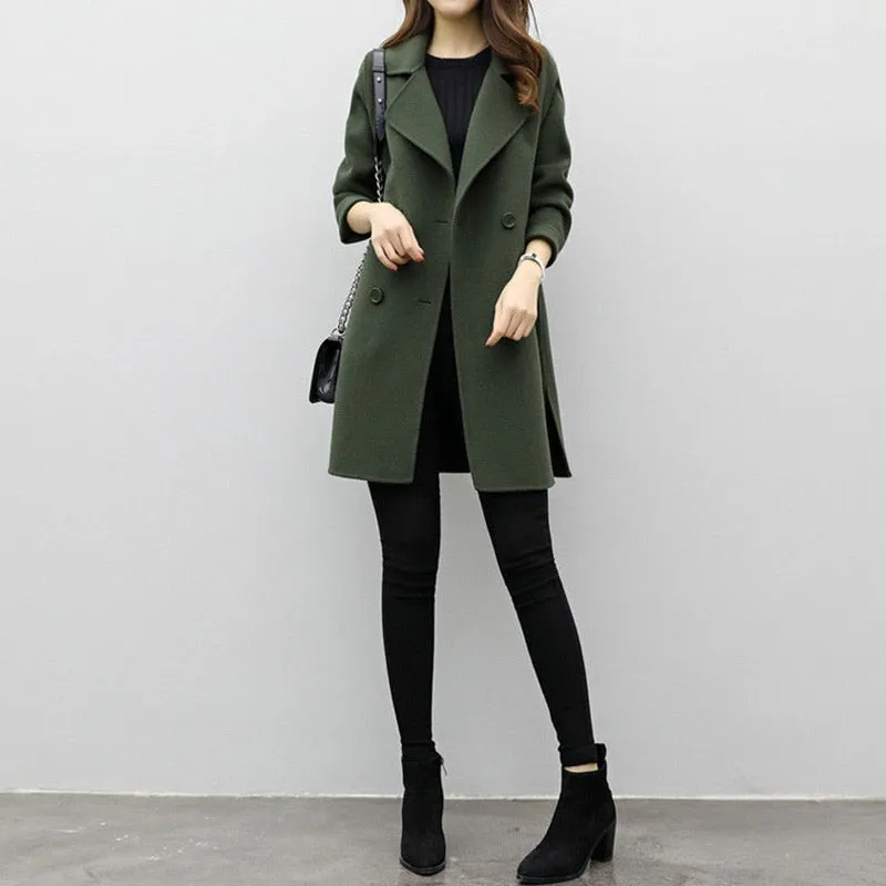 Winter Jacket Women Wool Coat Long Sleeve Turn-down Collar Green Outwear Jacket Casual Autumn Winter Elegant Overcoat