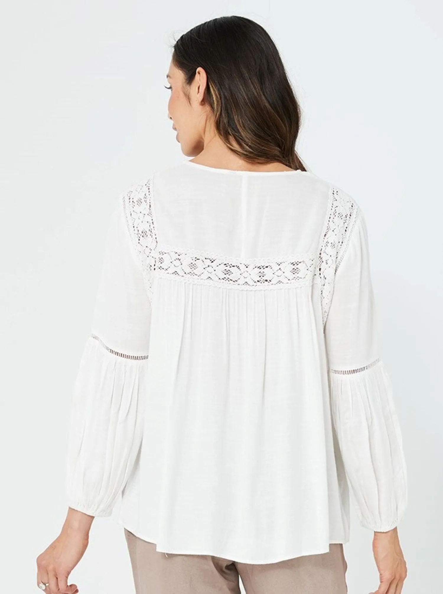 Woman Long Sleeves Casual Fashion Embroidery Top White Top Indie Top - White/Cotton