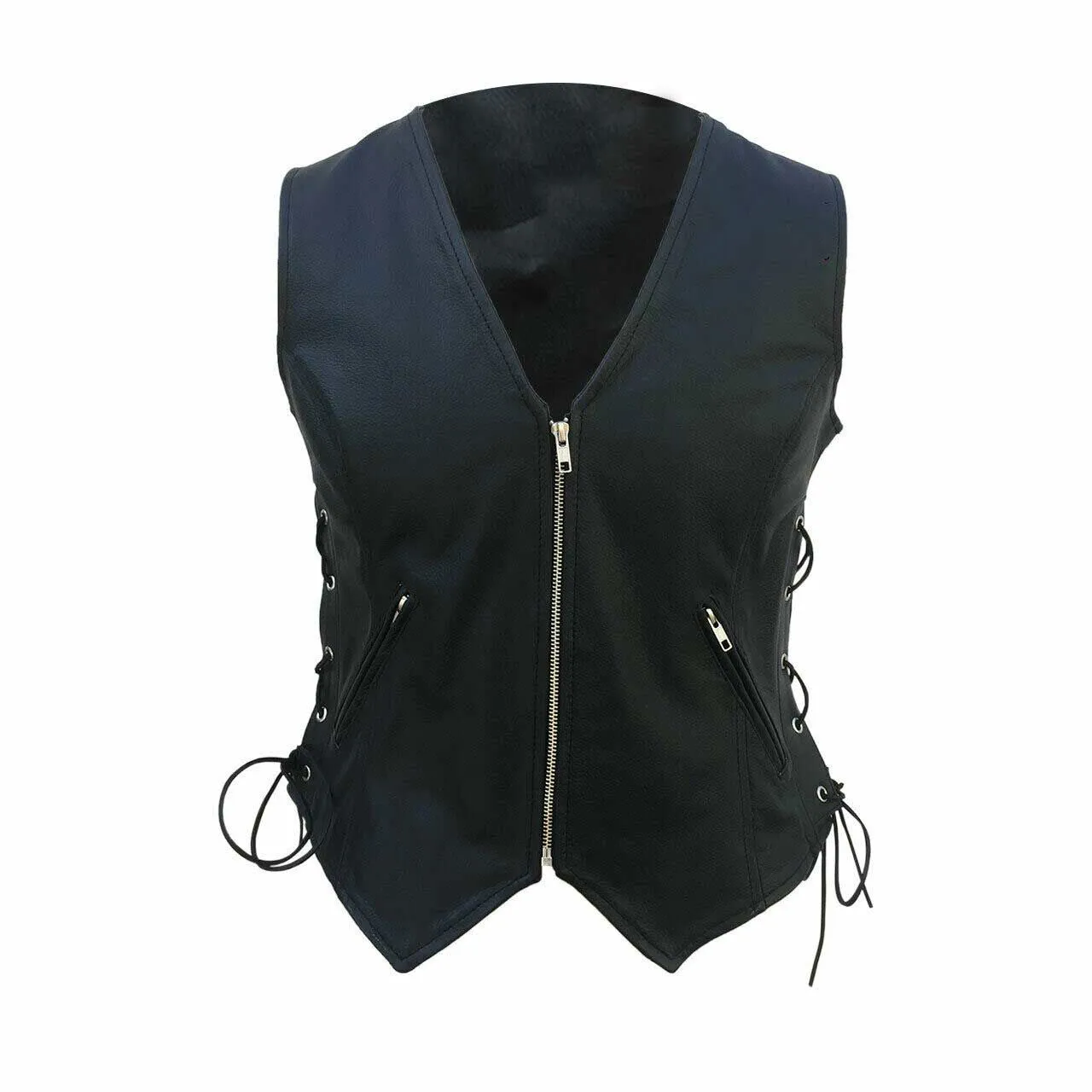 Women Black Leather Vest With Side Lacing Bikers Style Waistcoat - W3 - BLK