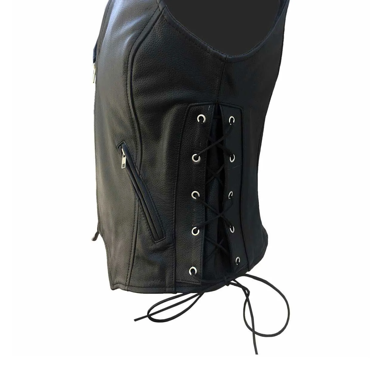 Women Black Leather Vest With Side Lacing Bikers Style Waistcoat - W3 - BLK