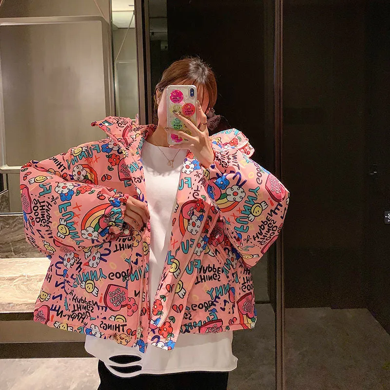 Women Down Jackets Bubble Coats Graffiti White Duck Down 90% Winter Zipper Full Thick Korean Ladylike Girls Down Jackets Sweet