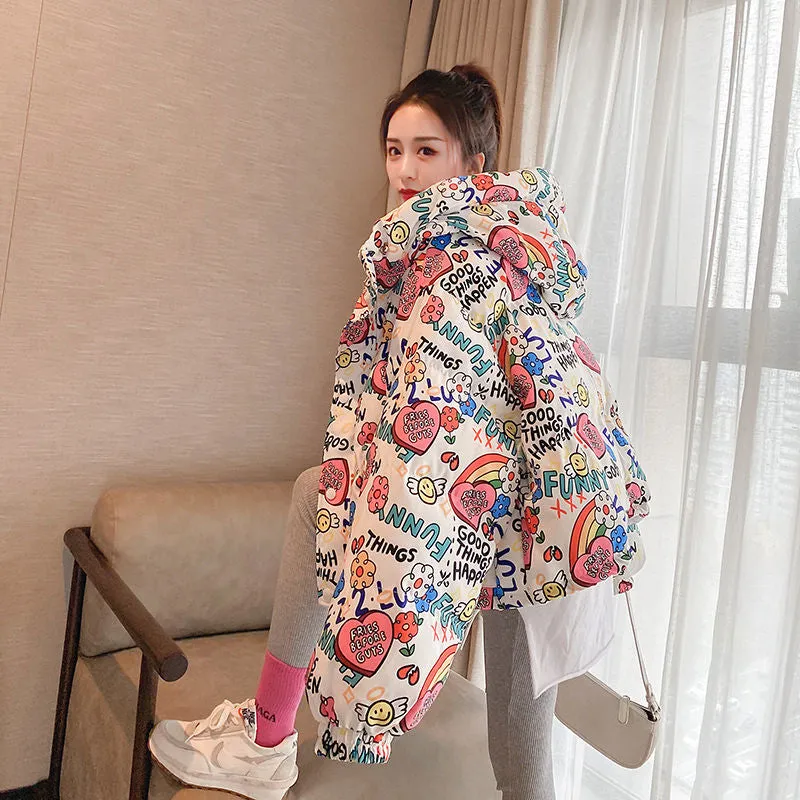 Women Down Jackets Bubble Coats Graffiti White Duck Down 90% Winter Zipper Full Thick Korean Ladylike Girls Down Jackets Sweet