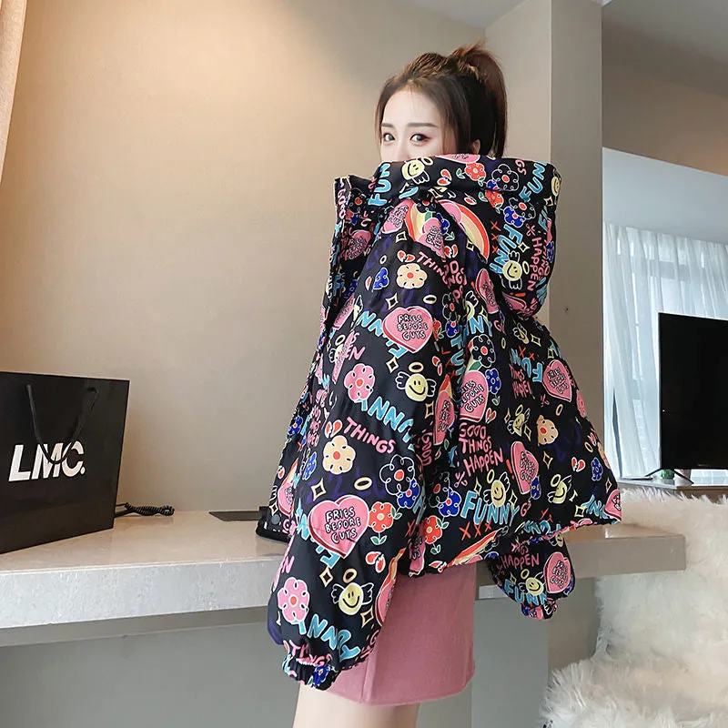 Women Down Jackets Bubble Coats Graffiti White Duck Down 90% Winter Zipper Full Thick Korean Ladylike Girls Down Jackets Sweet