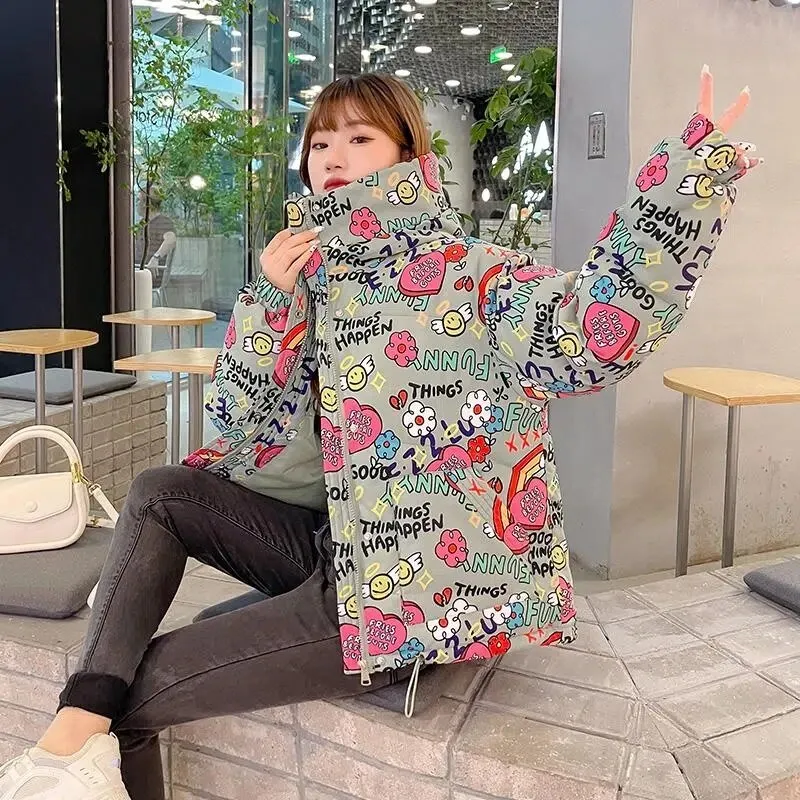 Women Down Jackets Bubble Coats Graffiti White Duck Down 90% Winter Zipper Full Thick Korean Ladylike Girls Down Jackets Sweet