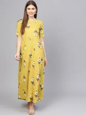 Women Yellow Short Sleeves Printed Round Neck Cotton Maxi Dress