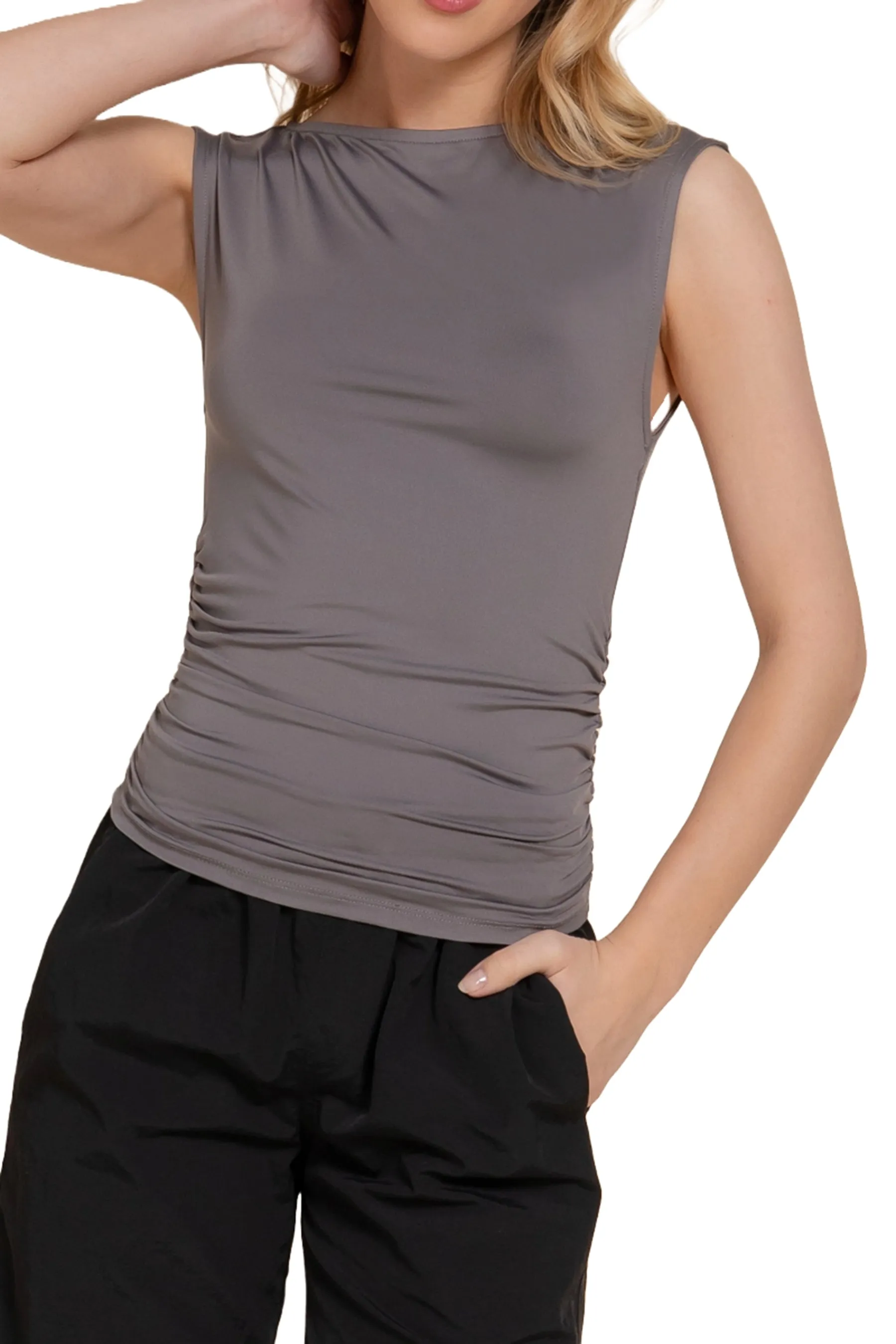 Women's Elegant Sleeveless Boat Neck Top with Side Shirring