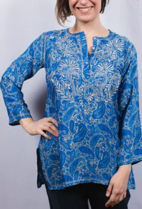 Women's Embroidered Cotton Tunic Top in French Blue