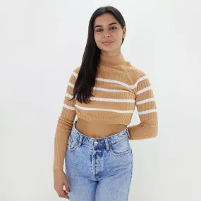 Women's Striped High Neck Crop Sweater,Beige