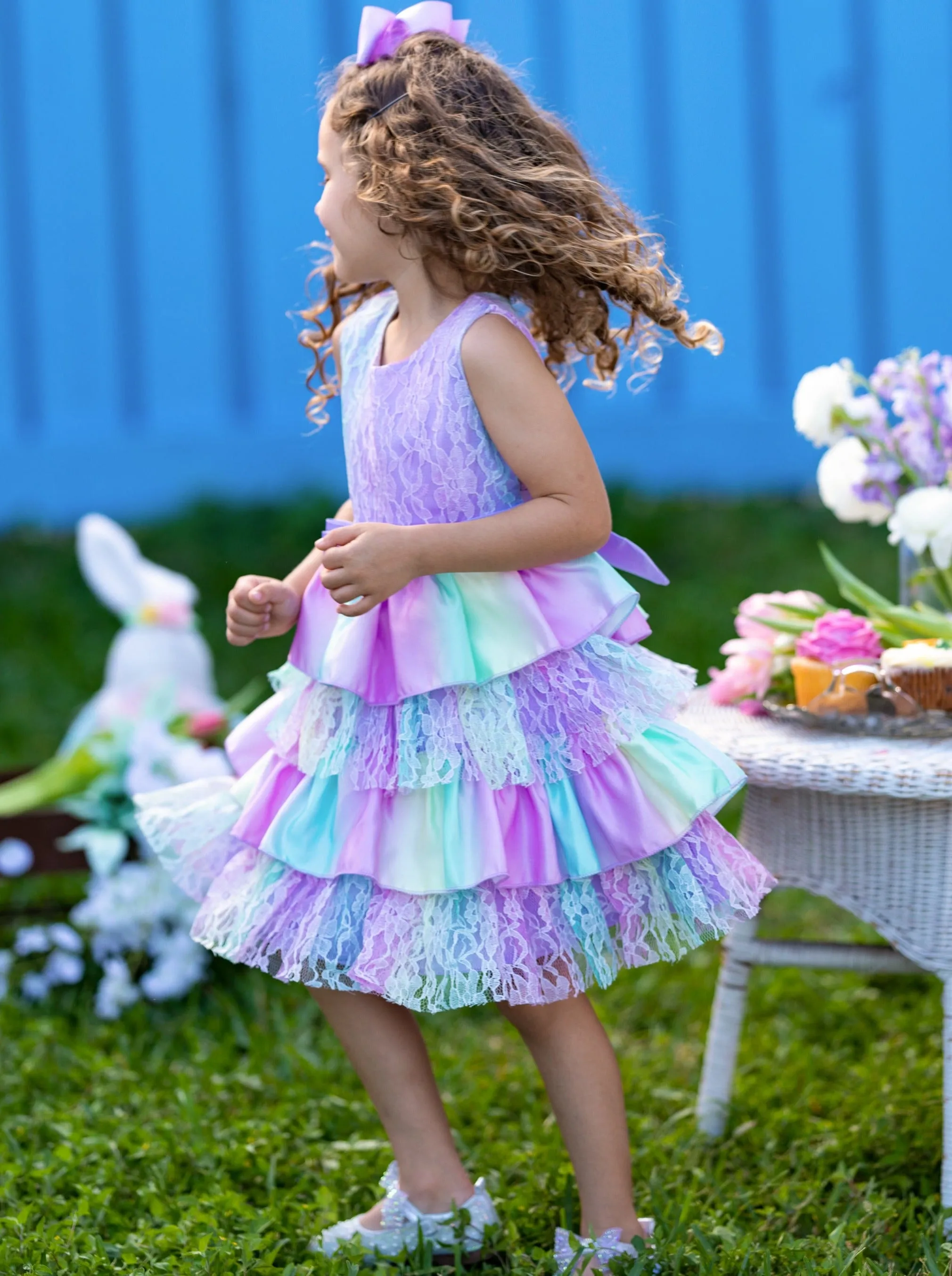 Wondrous Pastel Rainbow Lace Tiered Dress